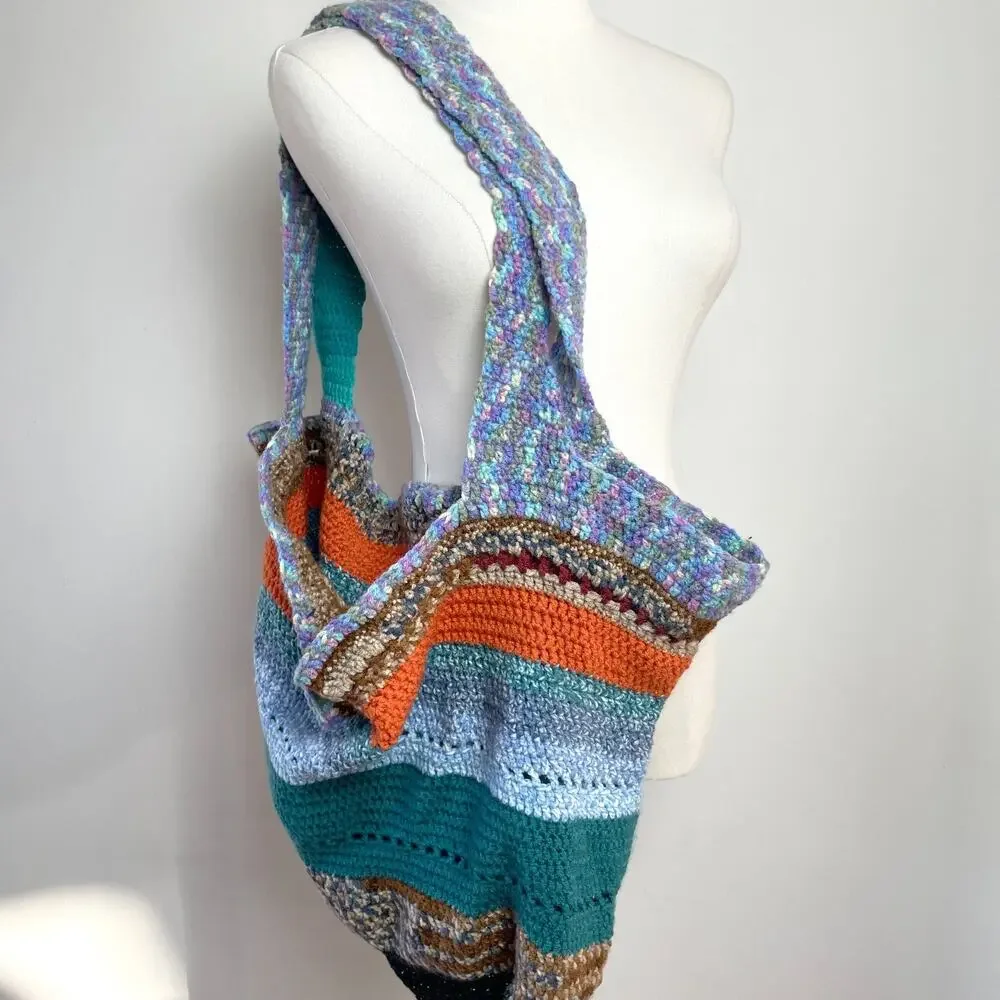 Handmade Crochet Knit Stripe Patchwork Shoulder Bag Boho Cottage Fairy Y2K